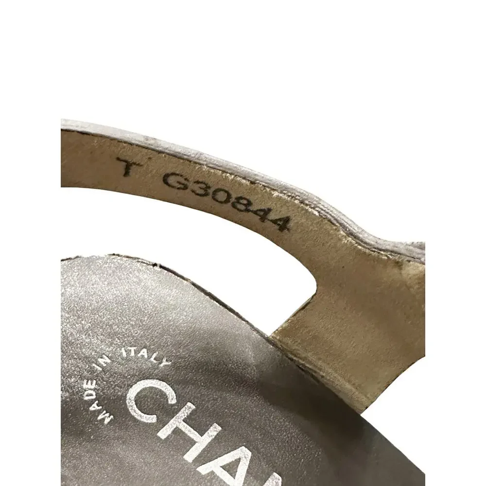 Chanel Lucky Charms Gray Suede CC Wood Platform Sandals Heels Size 37